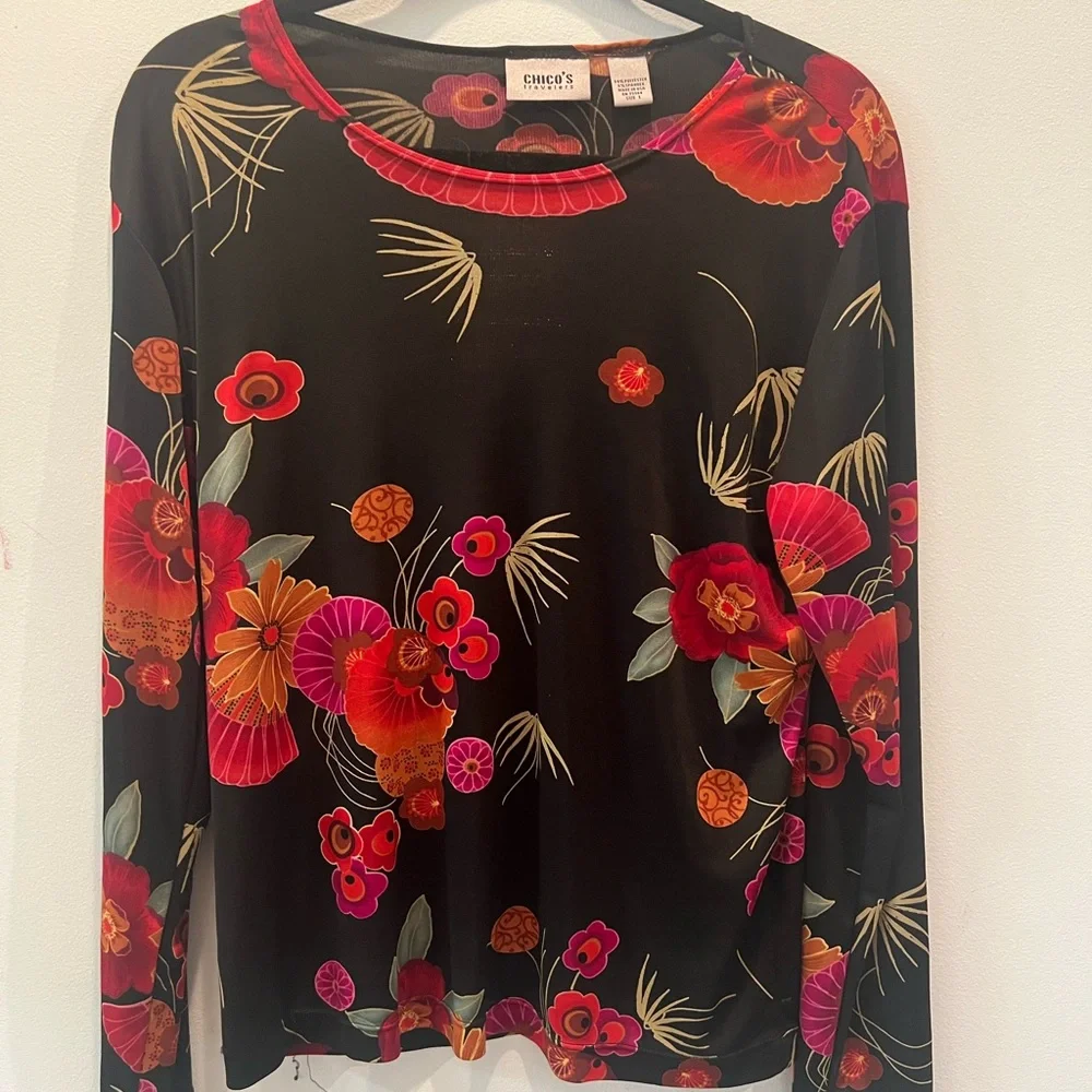 Chico's Black and Red Graphic Long Sleeve Blouse - Picture 1 of 3